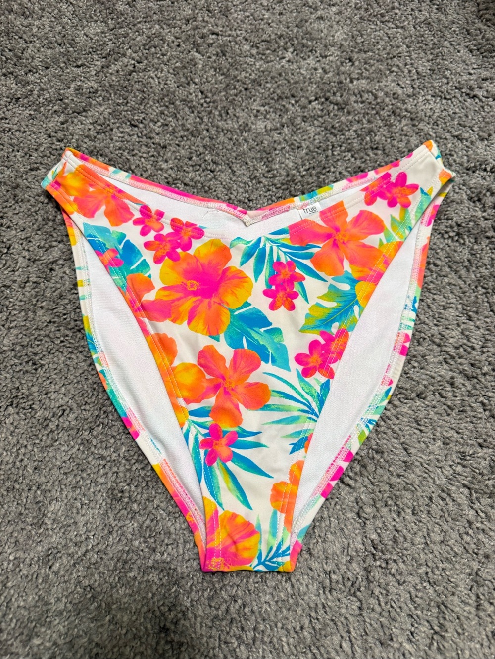 Women’s Floral Bikini Bottom - White with Neon Pink & Orange